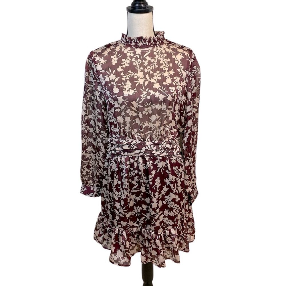 NWT Mango Dark Berry Long Sleeve Floral Dress Feminine Ruffle Dress Size Medium